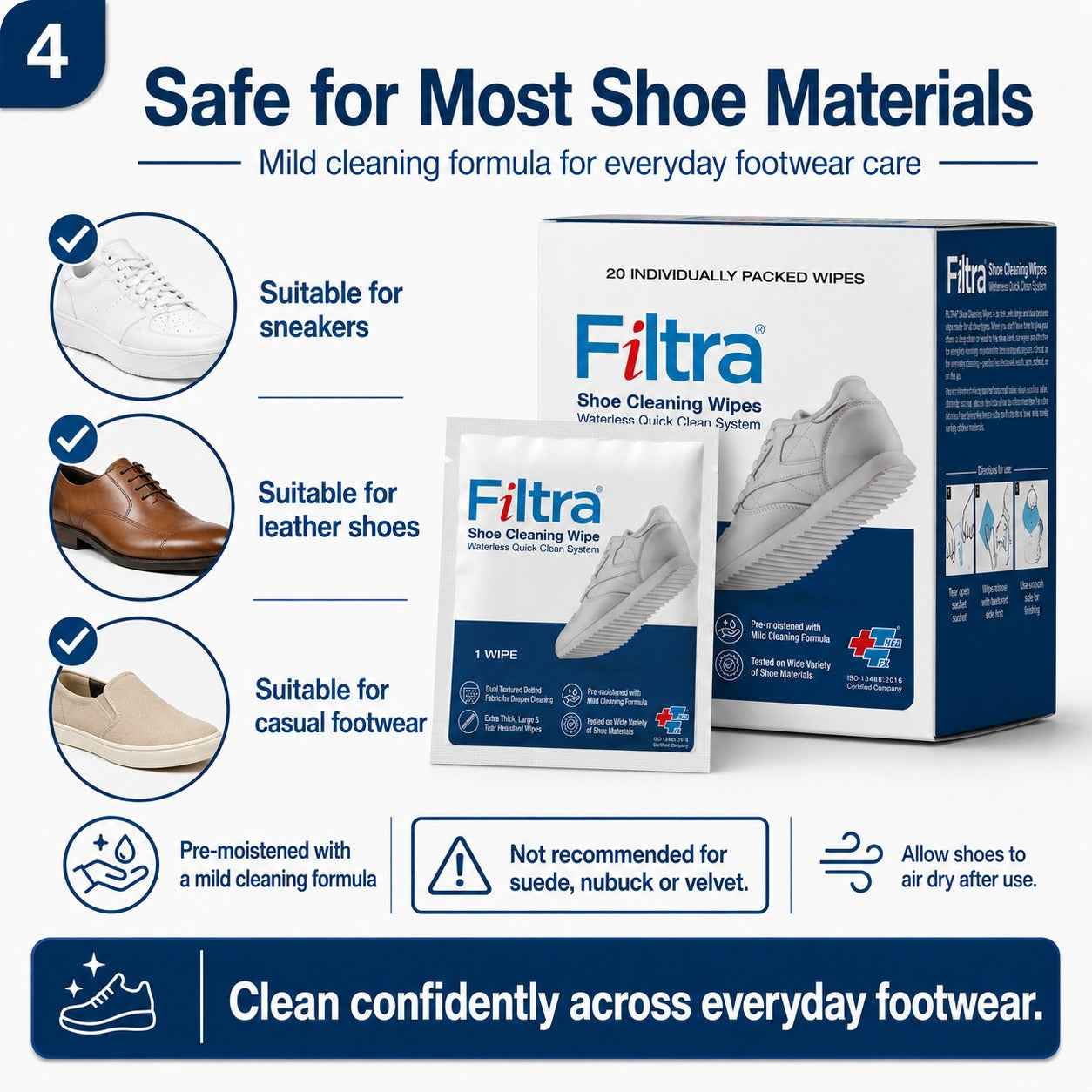 Shoe Cleaning Wipes - Box of 20 Single Sachets