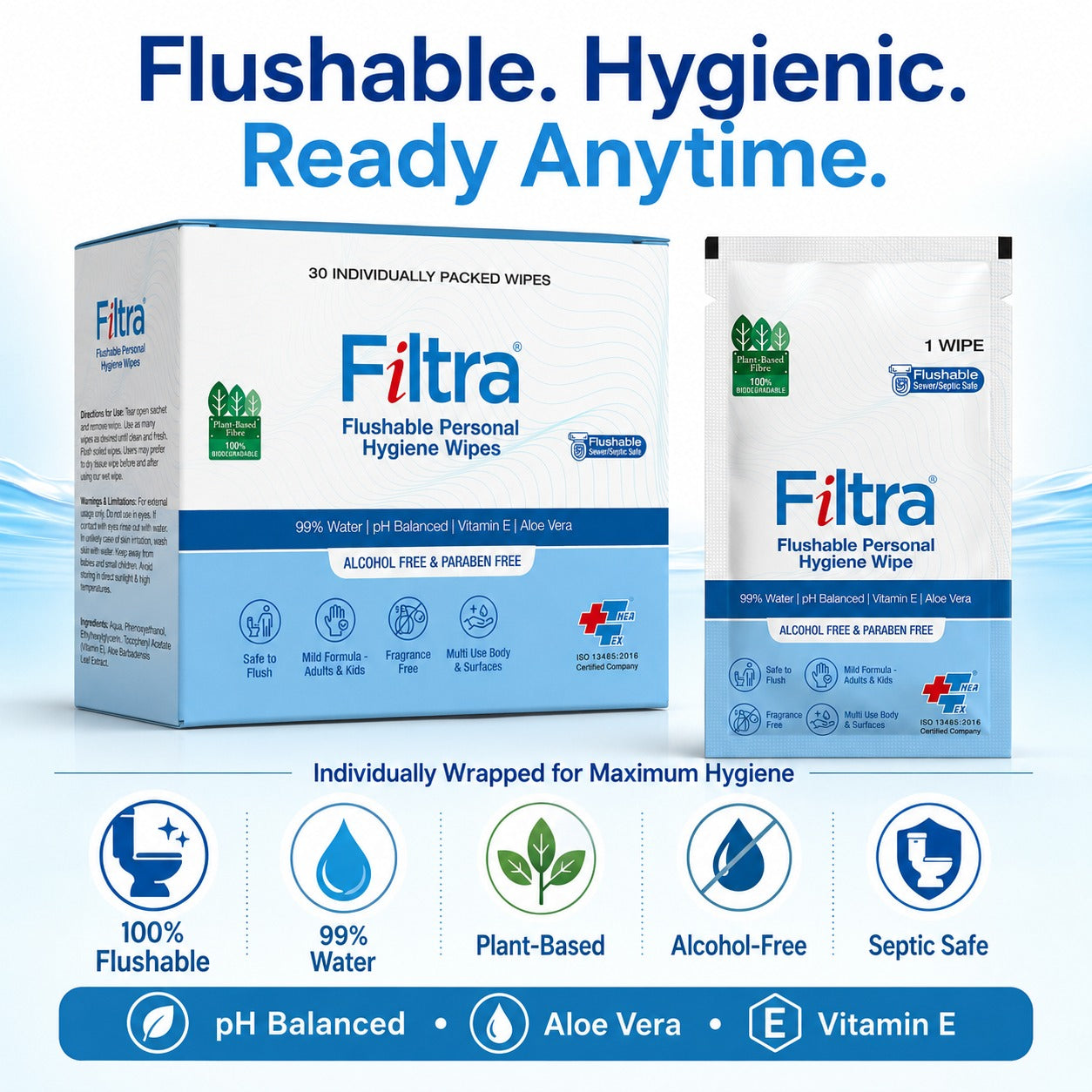 Flushable Personal Hygiene Wipes-Box of 30 Single Sachets