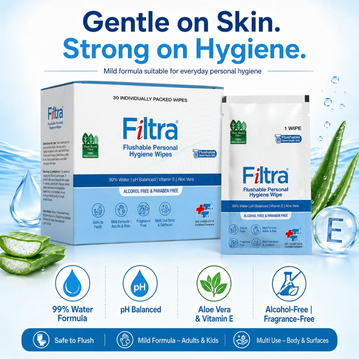 Flushable Personal Hygiene Wipes-Box of 30 Single Sachets