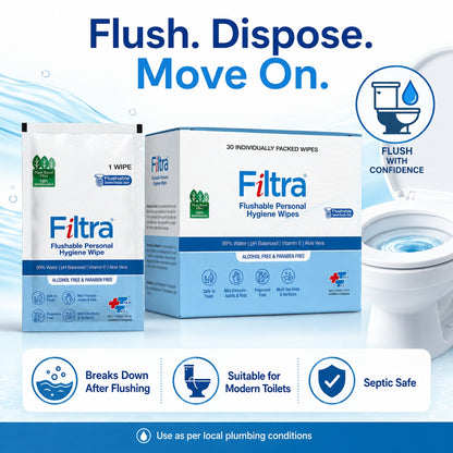 Flushable Personal Hygiene Wipes-Box of 30 Single Sachets