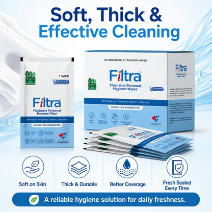 Flushable Personal Hygiene Wipes-Box of 30 Single Sachets