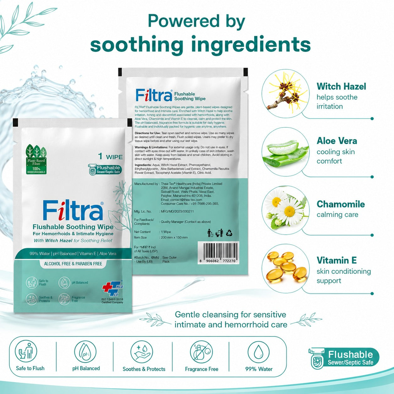 Flushable Soothing Wipes-Box of 30 Single Sachets