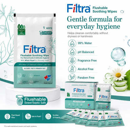 Flushable Soothing Wipes-Box of 30 Single Sachets