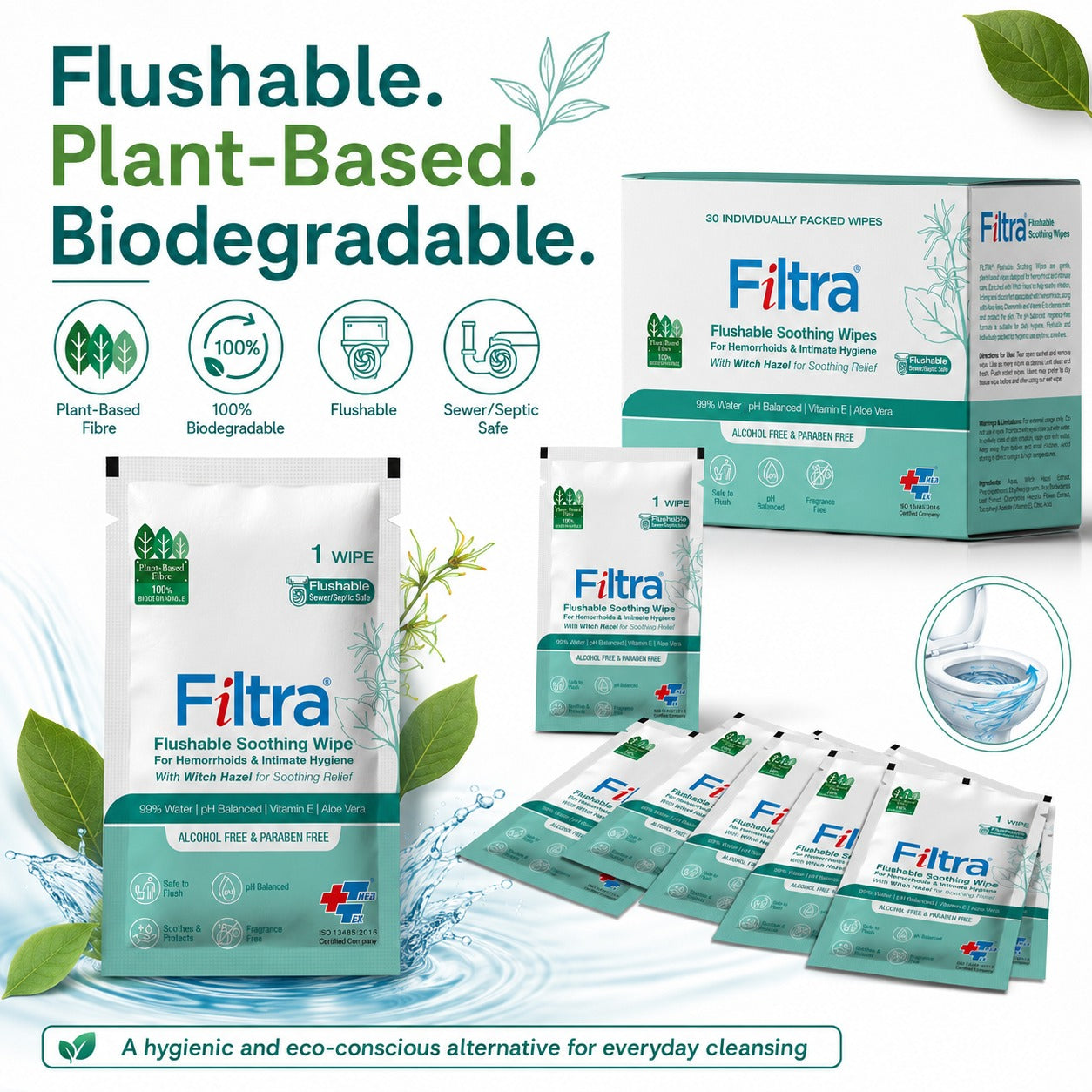 Flushable Soothing Wipes-Box of 30 Single Sachets