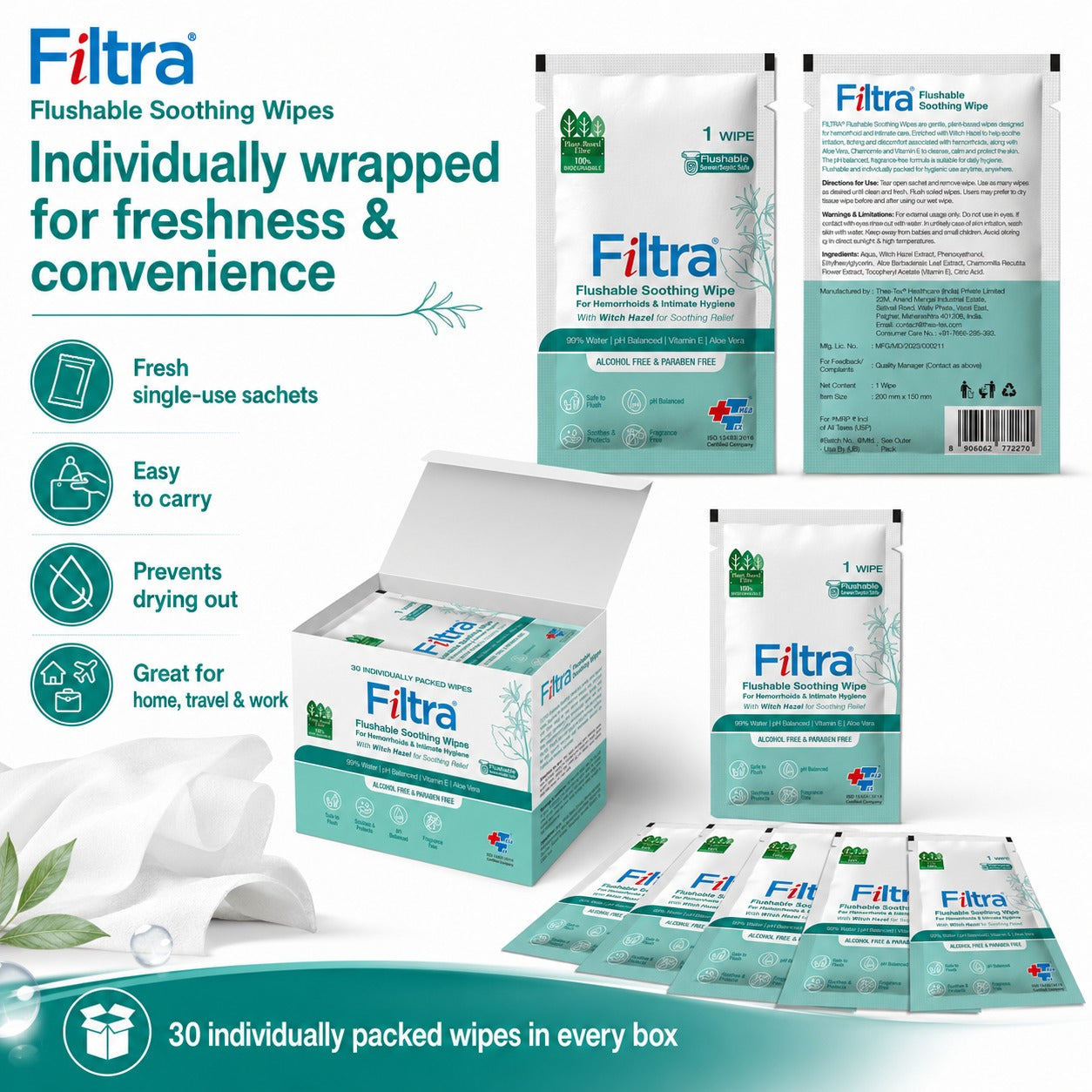 Flushable Soothing Wipes-Box of 30 Single Sachets