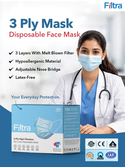 Blue 3-Ply Ear Loop Surgical Mask Pack of 2 Boxes X 100 Masks