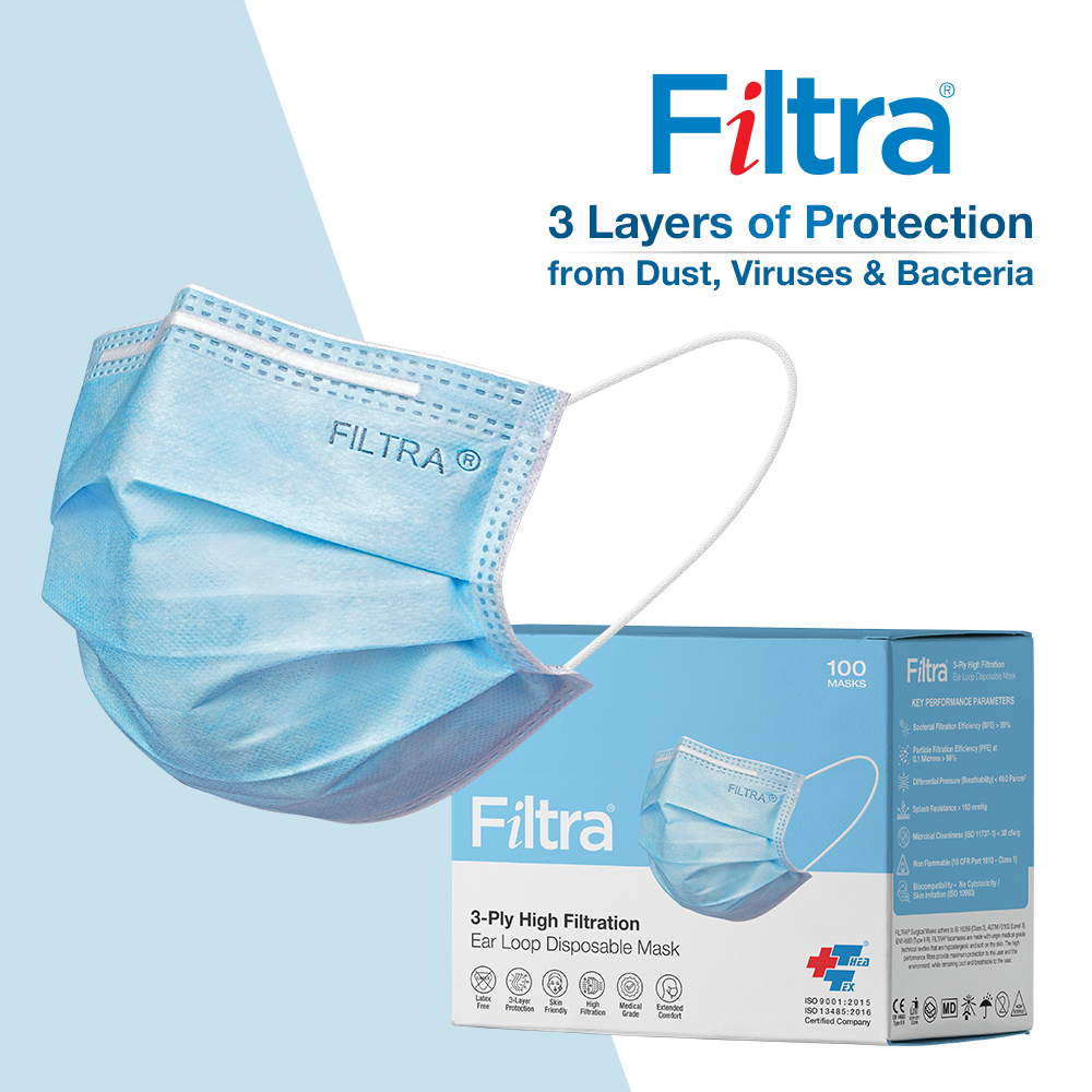 FILTRA® 3-Ply Ear Loop Surgical Mask | Blue | Box of 100 Masks