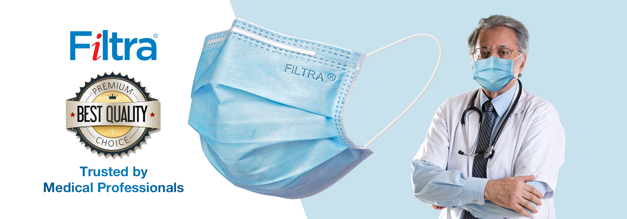 Close-up of filtra mask emphasizing that filtra is trusted by doctors.