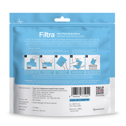 FILTRA® Ultra Thick Body Wipes | Re-Sealable Zip Lock Pouch of 10 Wipes