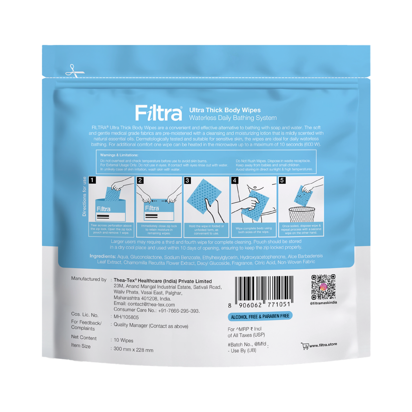 FILTRA® Ultra Thick Body Wipes | Re-Sealable Zip Lock Pouch of 10 Wipes | [ 10 count (Pack of 4)]