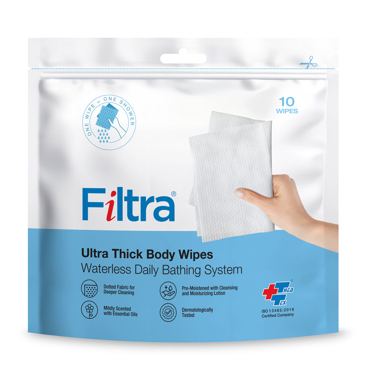 Filtra ultra-thick wipes, front view, highlighting the large size and robust texture.