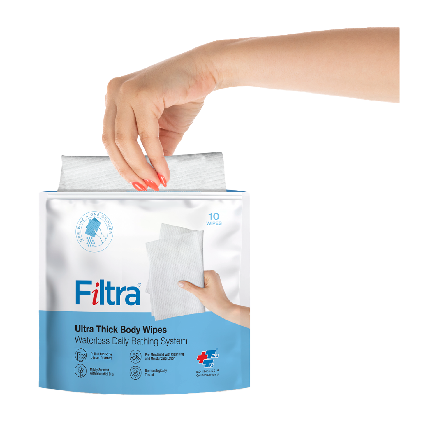 Filtra ultra-thick wipes in use, demonstrating their absorbent and durable quality.