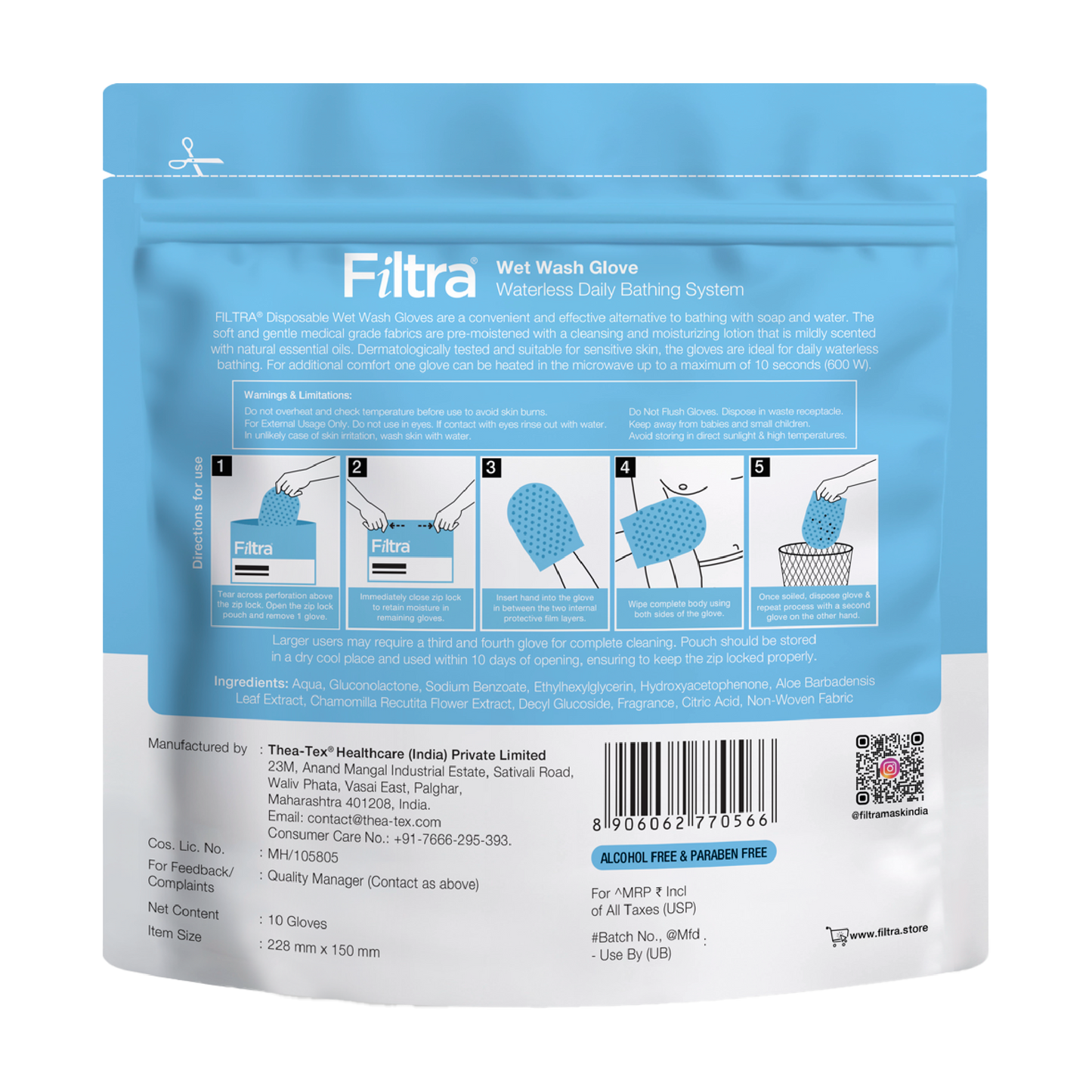 FILTRA® Disposable Wet Wash Gloves | Body Wipes | Re-Sealable Zip Lock Pouch of 10 Gloves | [10 count (Pack of 2)]