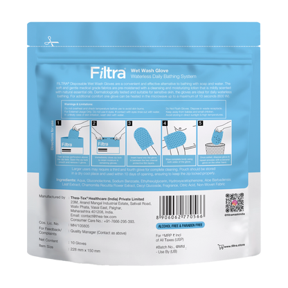 FILTRA® Disposable Wet Wash Gloves | Body Wipes | Re-Sealable Zip Lock Pouch of 10 Gloves | [10 count (Pack of 4)]