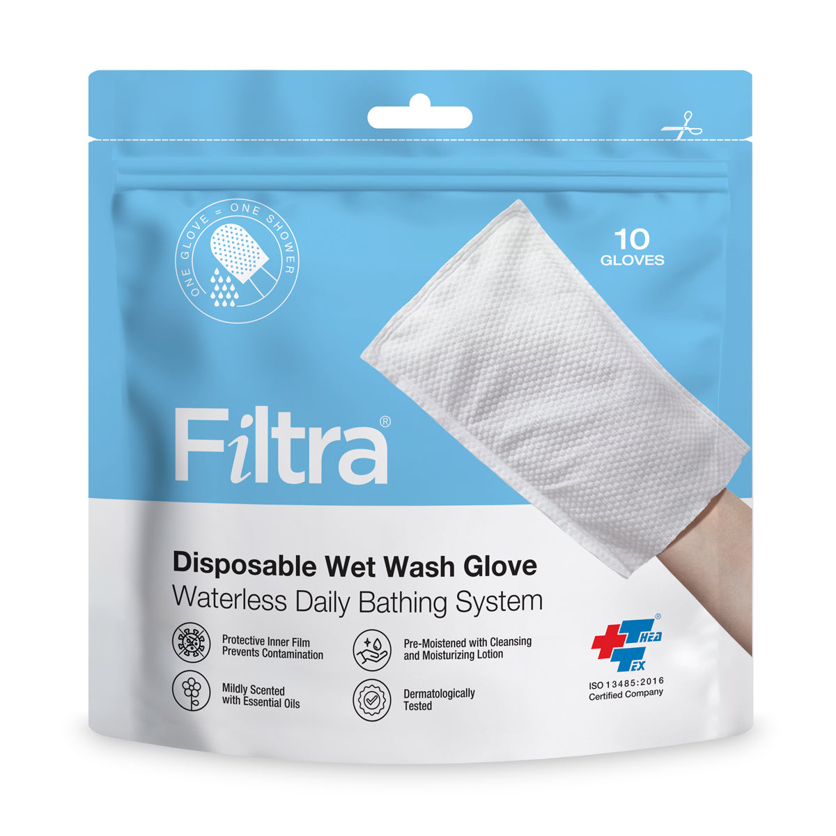 Filtra wet wash glove, front view, showcasing its textured surface and ergonomic design.